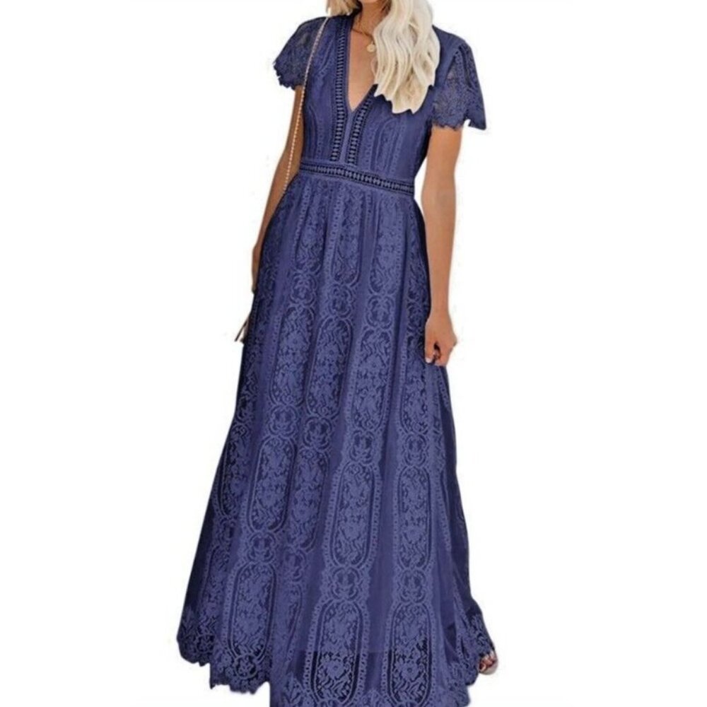 Merokeety Maxi Dress Lace Overlay Indigo Blue Boho Crochet Fringe Knit V Neck L